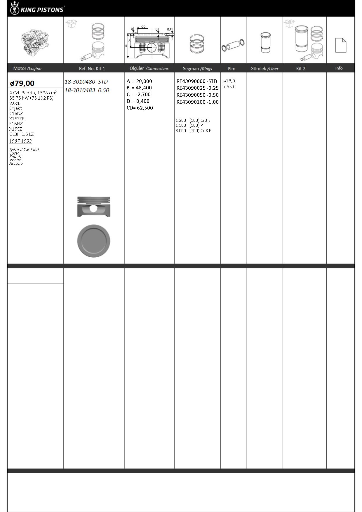 PISTON SEGMAN 050 79,50mm (OPEL: ASTRA-CORSA-KADETT-VECTRA 1.6) (C16NZ-X16SZR-E16NZ-X16SZ)