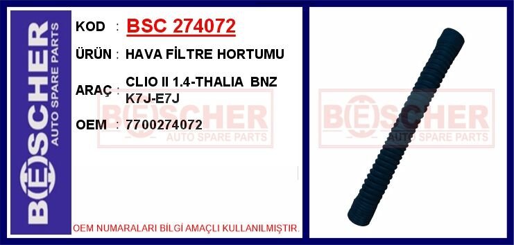 HAVA FİLTRE HORTUMU CLIO II 1.4-THALIA BNZ K7J-E7J 7700274072