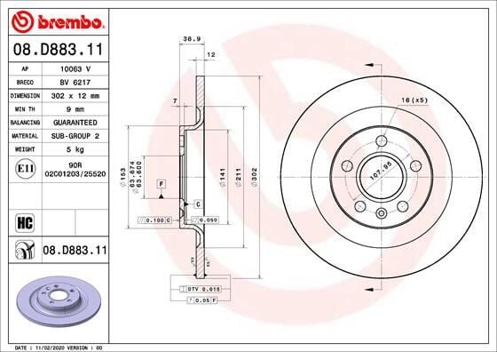 ARKA FREN DİSKİ VOLVO XC40 536 2017 >2021 > CAP 302X 5 BIJON 16 İNÇ 31471477-32300123