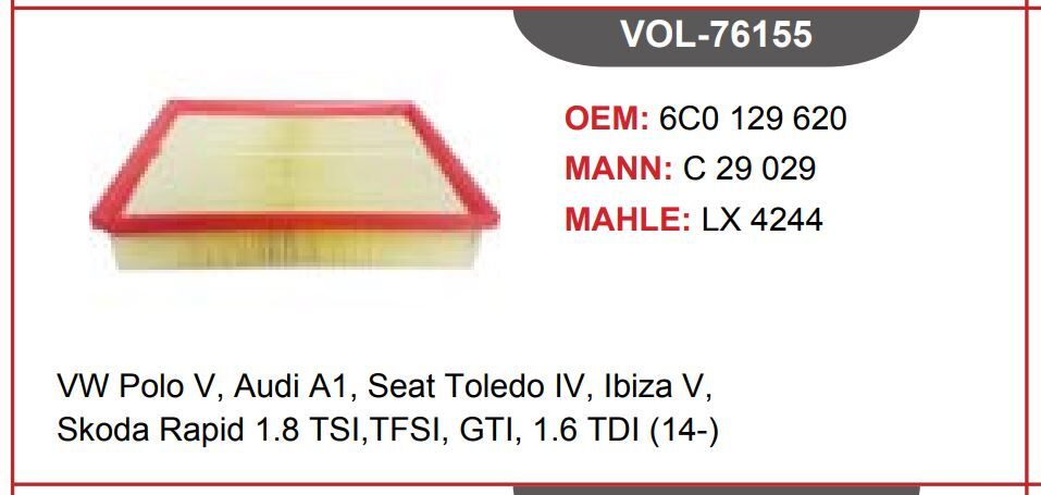 HAVA FİLTRESİ VW POLO V, AUDİ A1, SEAT TOLEDO IV, IBİZA V, SKODA RAPİD 1.8 TSI,TFSI, GTI, 1.6 TDI (14-)