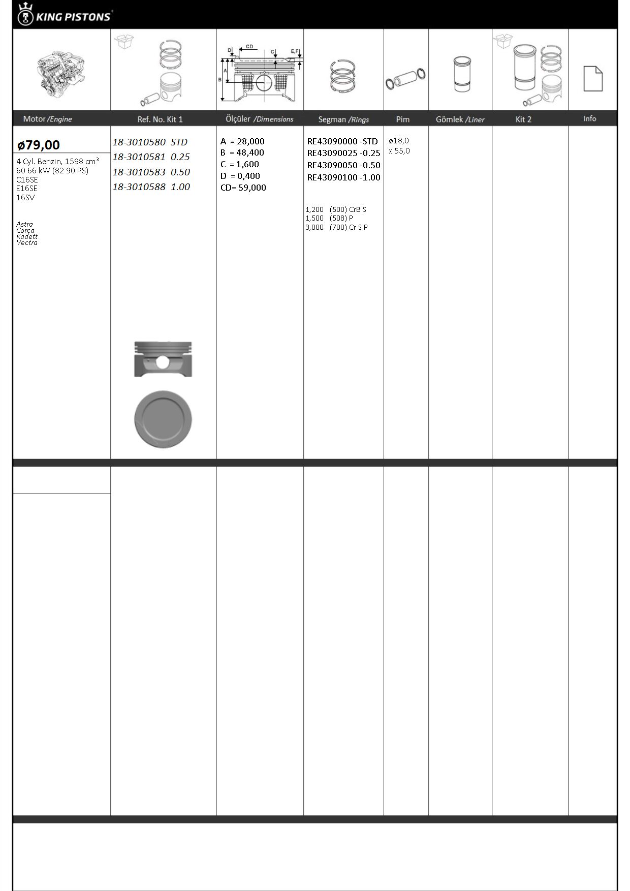 PİSTON SEGMAN STD 79mm (OPEL: ASTRA-CORSA-KADETT-VECTRA) (C16SE-E16SE) - OEM 623170,8771685STD
