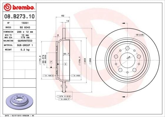 ARKA FREN AYNASI VOLVO S60 01-10 S70 01-05 S80 98-06 XC70 00-07 288x12x5DL DELYKLY 31262097