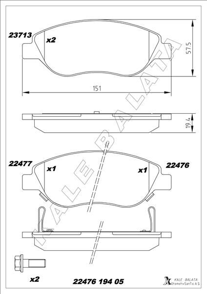 ON BALATA FIAT EGEA 15> 1.4 1.5 T4 HIBRIT 1.6 D K:19 MM G:151.1 MM BÜYÜK TİP 77367923-77368553