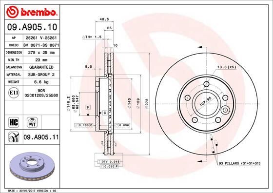 ON FREN AYNASI DISK FOCUS III 11 FOCUS II 04>11 C MAX 03>07 VOLVO C30 06>12 C70 06>13 S40 II 04>12 V50 05>12 278x25x5DLxHVLI AV611125DB-1790221-31362411