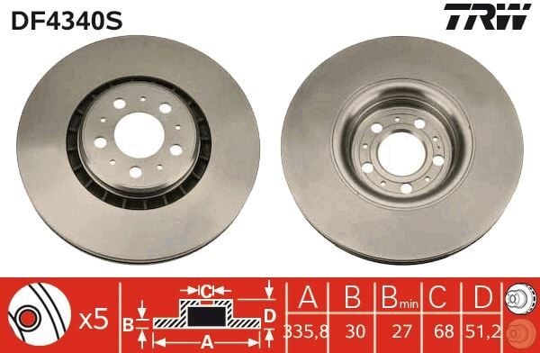 ÖN FREN AYNASI ADET VOLVO XC90 2.5T-D5-T6 2002-2010 17 JANT 336x30x5DLxHAVALI 986479202-DF4340S 31262489-306573015-306573013