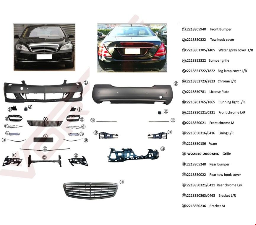 MERCEDES - ÖN ARKA TAMPON SETİ (LEDLİ TİP EGZOZLU) W221 2010- - 2218805940 / 2218805240 / 2218201756 / 2218201856