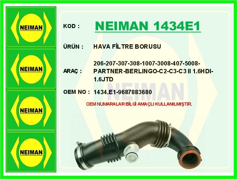 HAVA FİLTRE BORUSU 206-207-307-308-1007-3008-407-5008-PARTNER-BERLINGO-C2-C3-C3 II 1.6HDI-1.6JTD