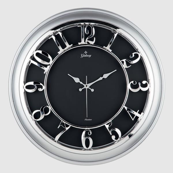 DUVAR SAATİ GÜMÜŞ GRİ ÇERÇEVELİ İÇİ SİYAH 45CM KABARTMA RAKAMLI SELEFON KORUMALI AMERİKAN BRİSTOL KADRAN METALİK AKREP/YELKOVAN/SANİYE AKAR SANİYELİ MEKANİZMA AKRİLİK BOYA ABS HAMMADDE MİNERAL CAM  SAAT M-1965-GS