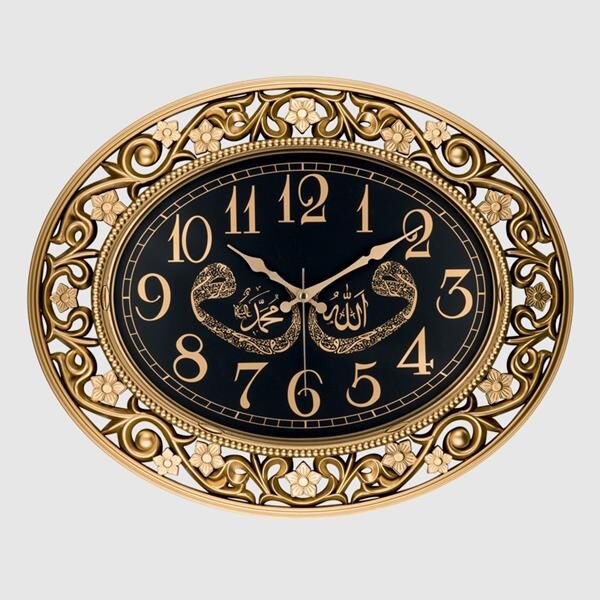 DUVAR SAATİ AKRİLİK ESKİTME BOYALI ALLAH-MUHAMMED-VAV ÇAP:60cmx 50cm ABS KASA AKAR SANİYELİ MEKANİZMA ÖZEL KABARTMALI PVC KADRAN METALİK AKREP YELKOVAN SANİYE MİNERAL  SAAT 713-VAV