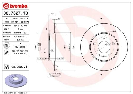 ARKA FREN AYNASI ASTRA H-COMBO C 02> MERIVA A-B 03> ASTRA G 1.8-2.0 98> ZAFIRA A 264x10x5DL