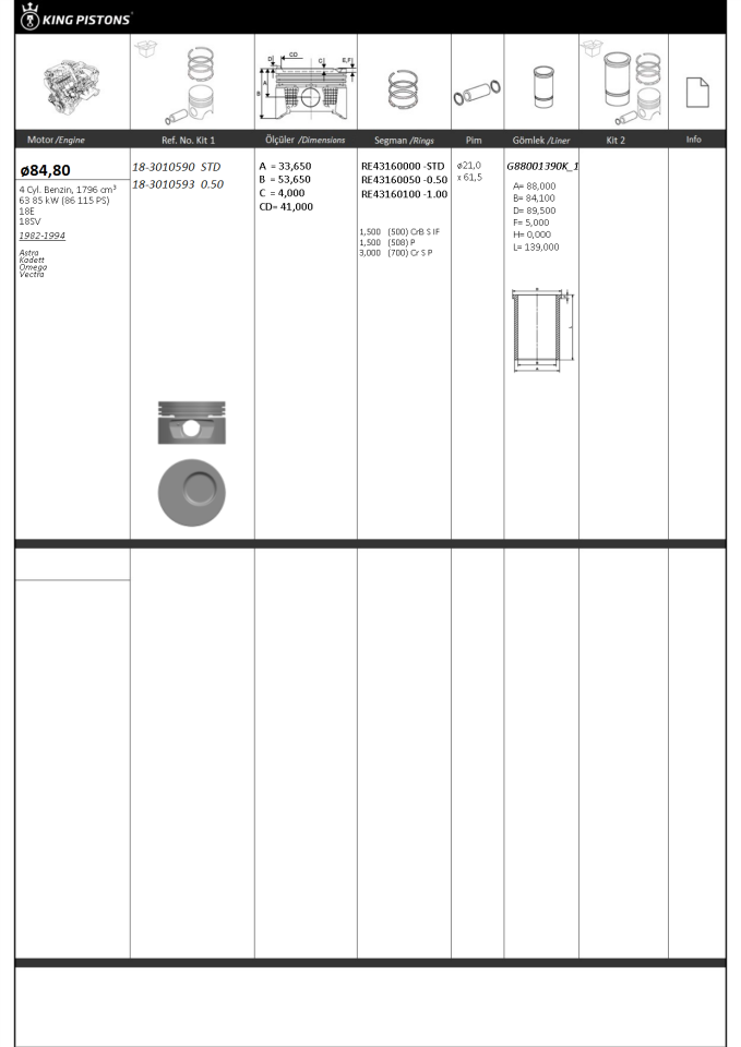 PISTON SEGMAN STD 84,80 mm (OPEL: OMEGA-ASCONA 1.8E 1.8 E/1.8 S)