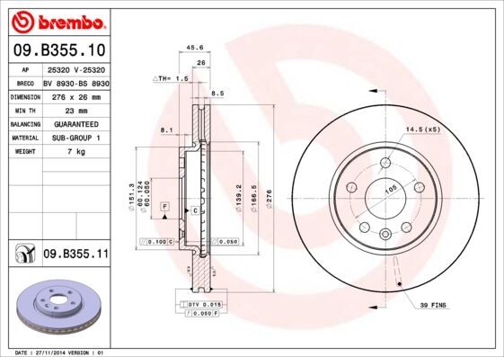 ÖN FREN AYNASI ASTRA J 10> CRUZE 09> AVEO 11> 276x26x5DL 15 İNÇ HAVALI 95526655  13502044-13502045-569069-569073