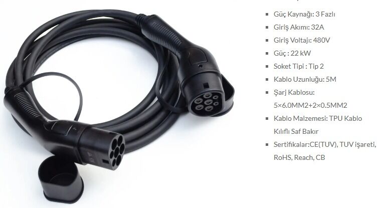 22 KW ŞARJ KABLOSU
