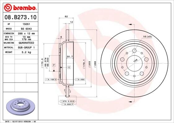 ARKA FREN AYNASI VOLVO S60 01-10 S70 01-05 S80 98-06 XC70 00-07 288x12x5DL DELYKLY  31262097