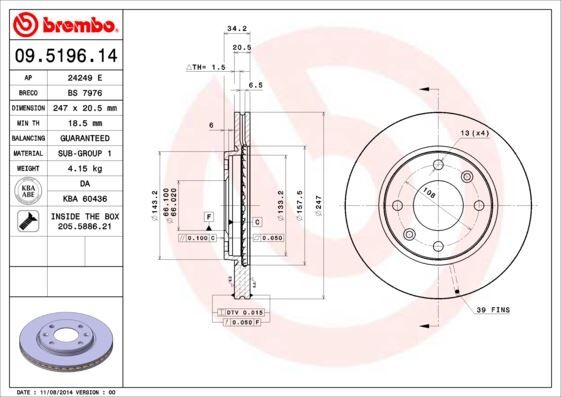ÖN FREN AYNASI P106 I-II 91-02 206 98 >306 93-01 SAXO 96-03 XSARA 97-00 247.5x20.4x4DLxHAVALI