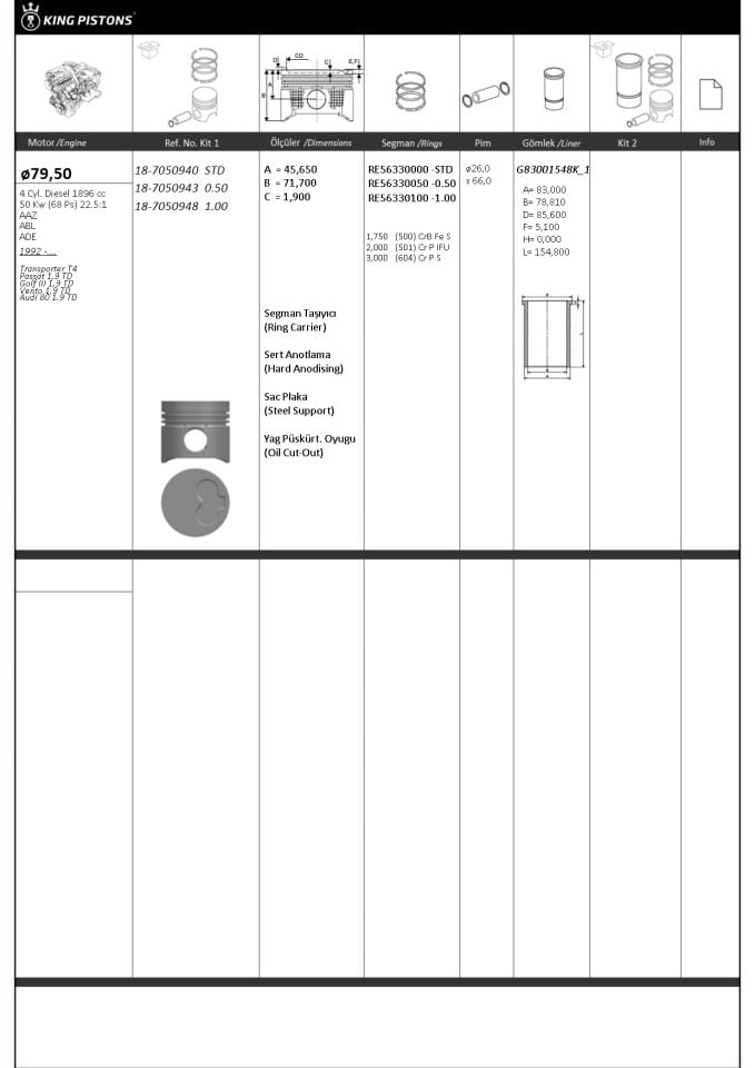 PİSTON SEGMAN 050 79.5mm (VW: T4 1.9 TD) (26 LIK PİM) (AAZ-ABL-ADE)