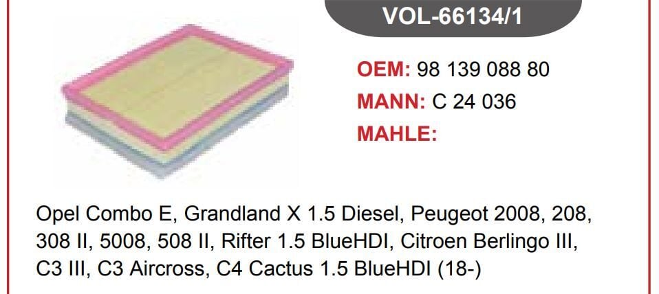 HAVA FİLTRESİ OPEL COMBO E, GRANDLAND X 1.5 DİESEL, PEUGEOT 2008, 208, 308 II, 5008, 508 II, RİFTER 1.5 BLUEHDI, CİTROEN BERLİNGO III, C3 III, C3 AİRCROSS, C4 CACTUS 1.5 BLUEHDI (18-)