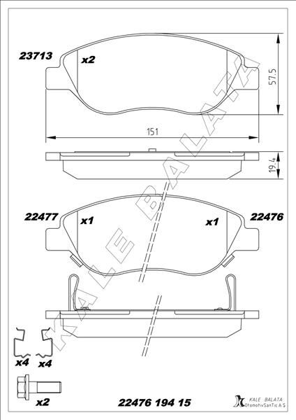 ON BALATA FIAT EGEA 15> 1.4 1.5 T4 HIBRIT 1.6 D K:19 MM G:151.1 MM BÜYÜK TİP 8 ADET KLİPS