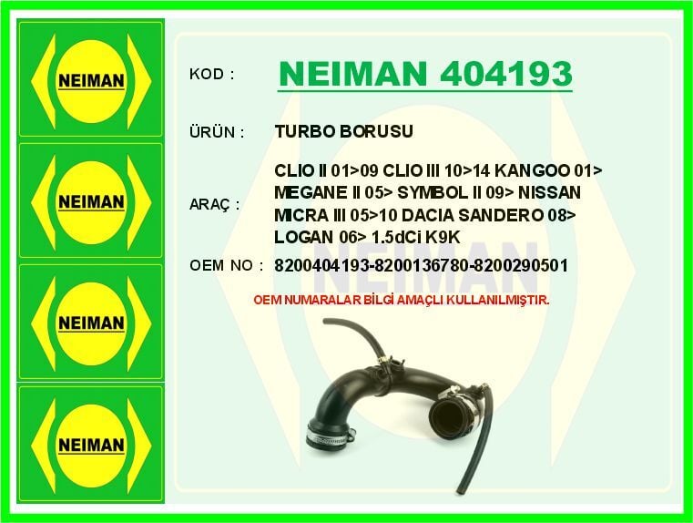 TURBO BORUSU CLIO II 01>09 CLIO III 10>14 KANGOO 01> MEGANE II 05> SYMBOL II 09> NISSAN MICRA III 05